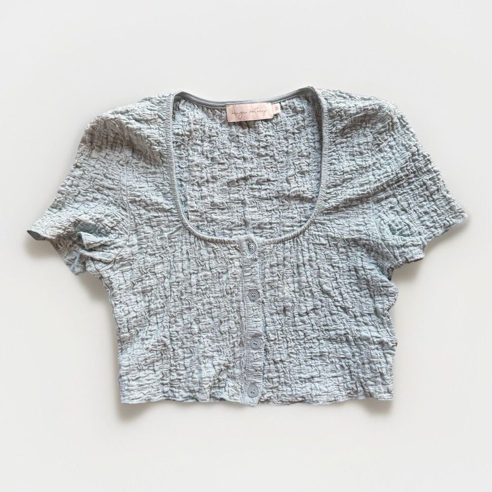 Beige Botany Womens Crop Top Blue Crinkle Button Cap Sleeve size M
